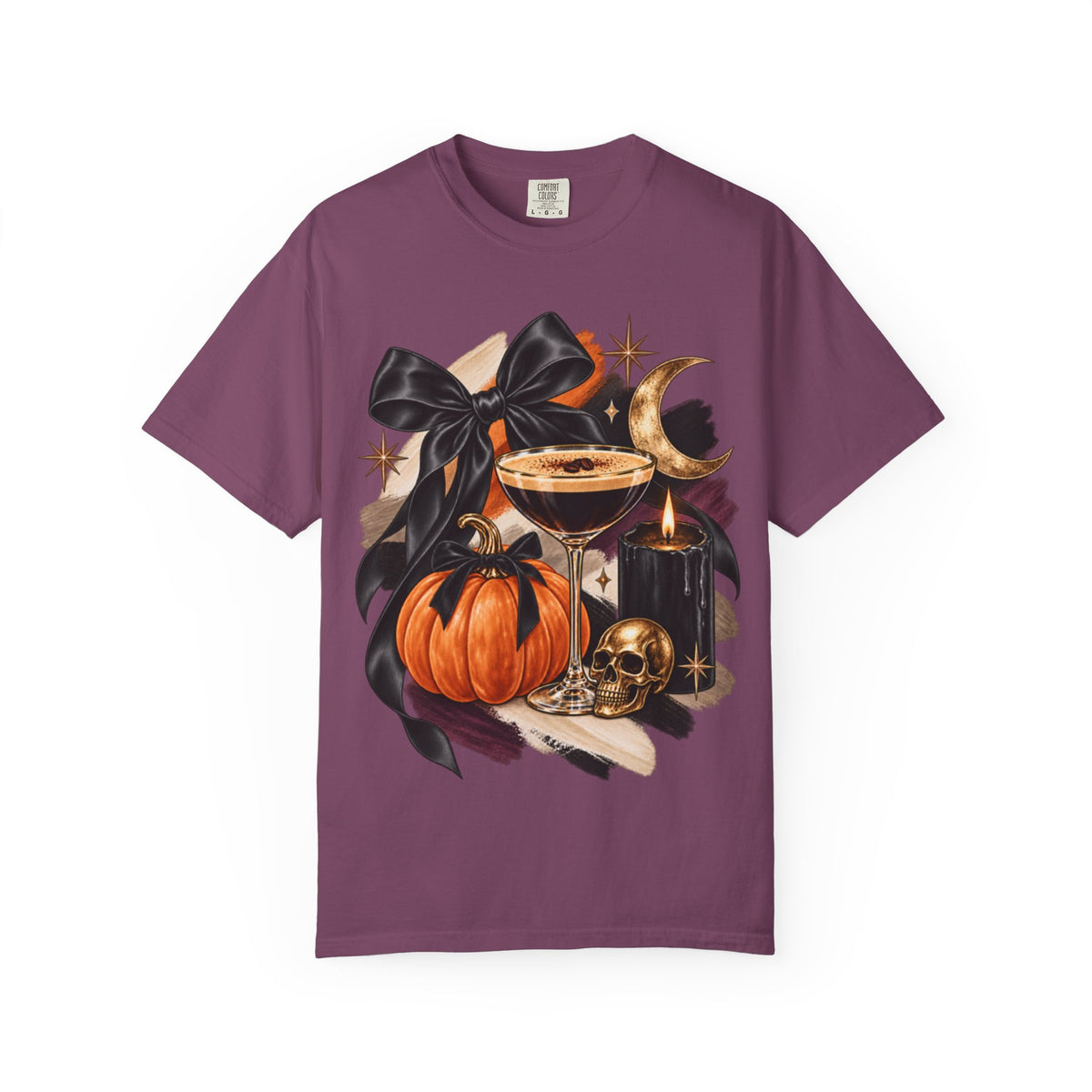 Women Comfort Colors Halloween Pumpkin & Skull T-Shirt — Witchy Moon, Candle & Black Bow Graphic Tee
