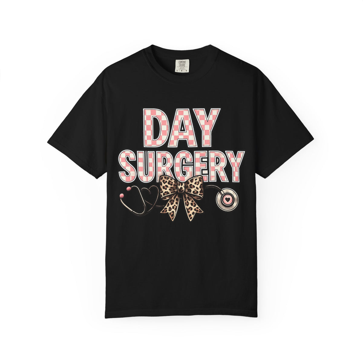 Day Surgery Nurse T‑Shirt — Pink Plaid & Leopard Bow Stethoscope Tee