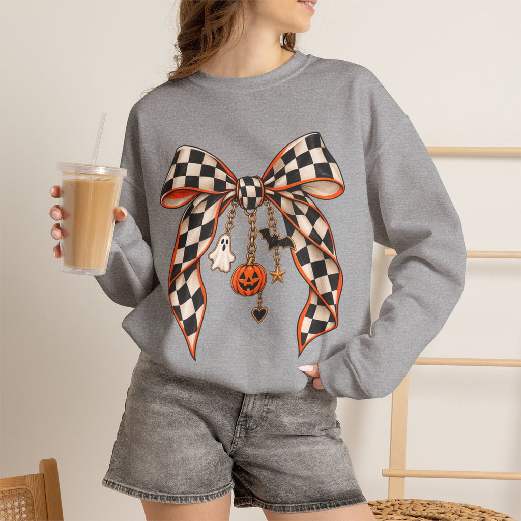 Women Halloween Checkered Bow Sweatshirt — Pumpkin & Ghost Charm Crewneck