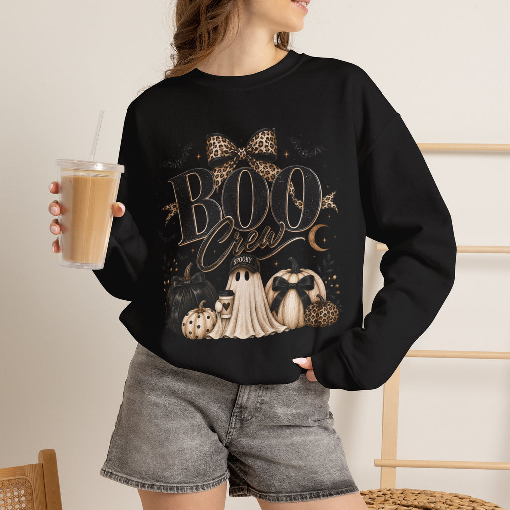 Women Boo Crew Halloween Sweatshirt — Cute Ghosts & Leopard Bow Fall Crewneck