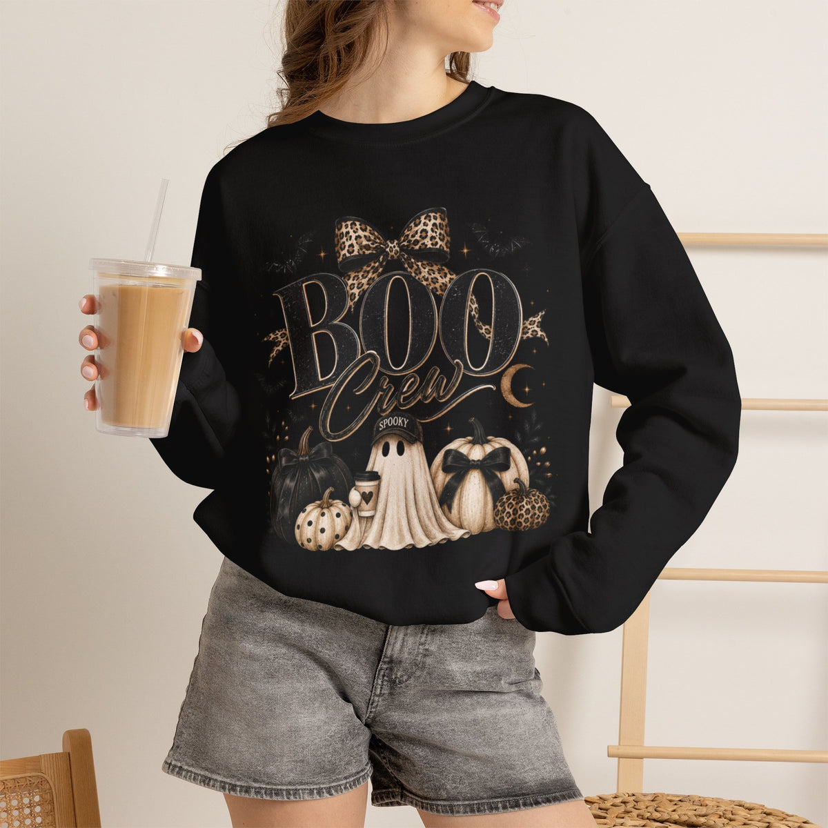Women Boo Crew Halloween Sweatshirt — Cute Ghosts & Leopard Bow Fall Crewneck