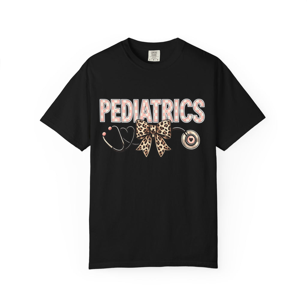 Pediatrics T-Shirt with Leopard Bow & Stethoscope — Cute Medical Tee for Pediatric Nurses/Doctors
