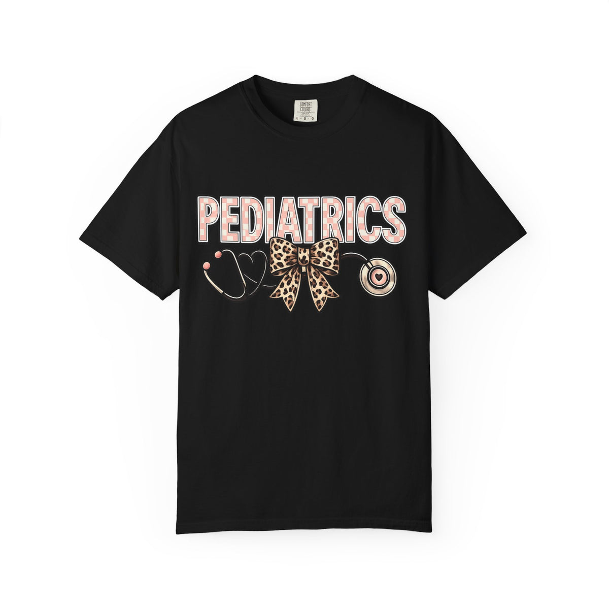 Pediatrics T-Shirt with Leopard Bow & Stethoscope — Cute Medical Tee for Pediatric Nurses/Doctors