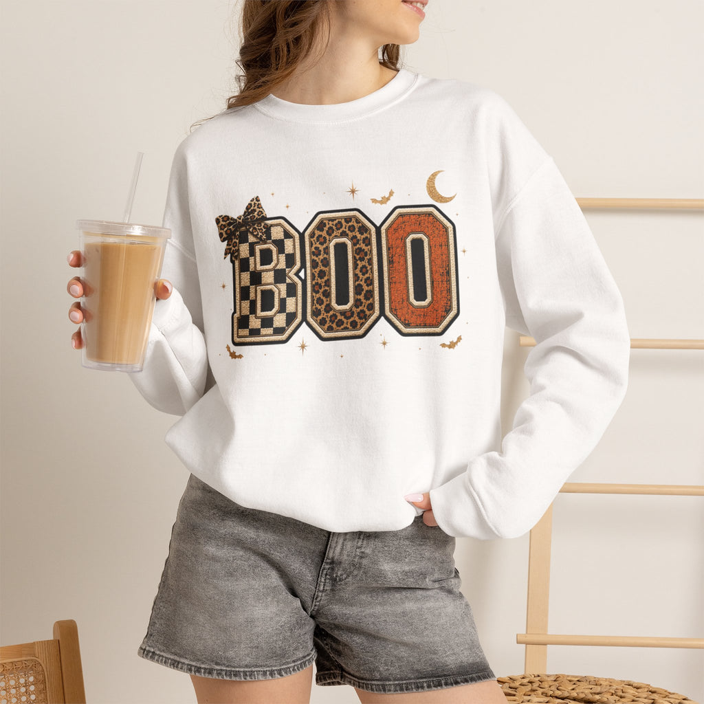 Women Halloween 'BOO' Crewneck Sweatshirt — Retro Checker & Leopard Accent