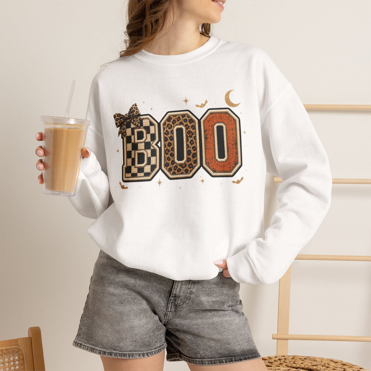 Women Halloween 'BOO' Crewneck Sweatshirt — Retro Checker & Leopard Accent