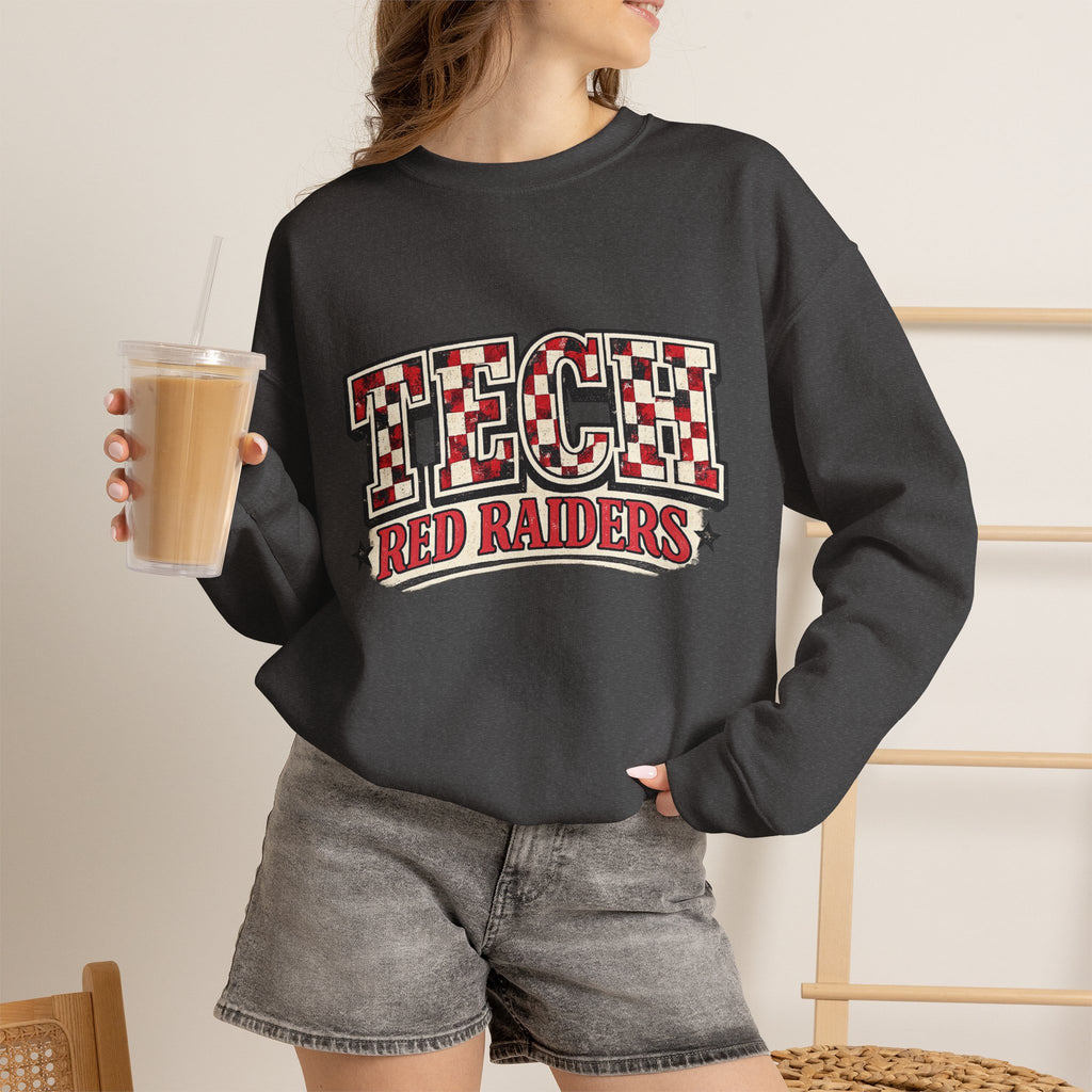 Women Tech Red Raiders Retro Plaid Crewneck
