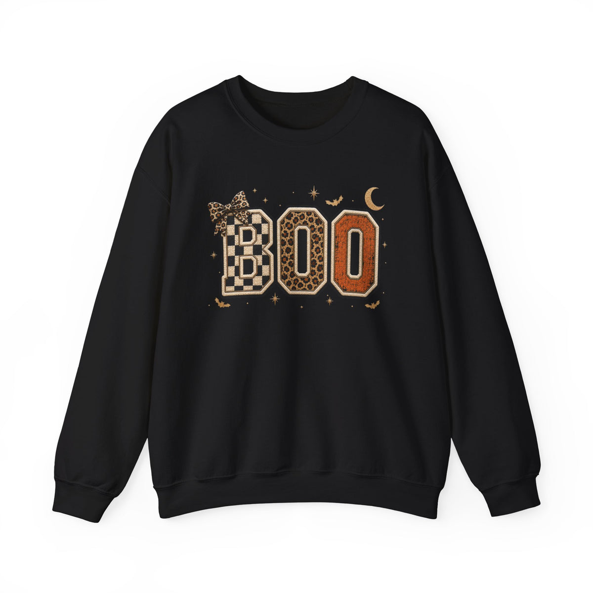 Women Halloween 'BOO' Crewneck Sweatshirt — Retro Checker & Leopard Accent