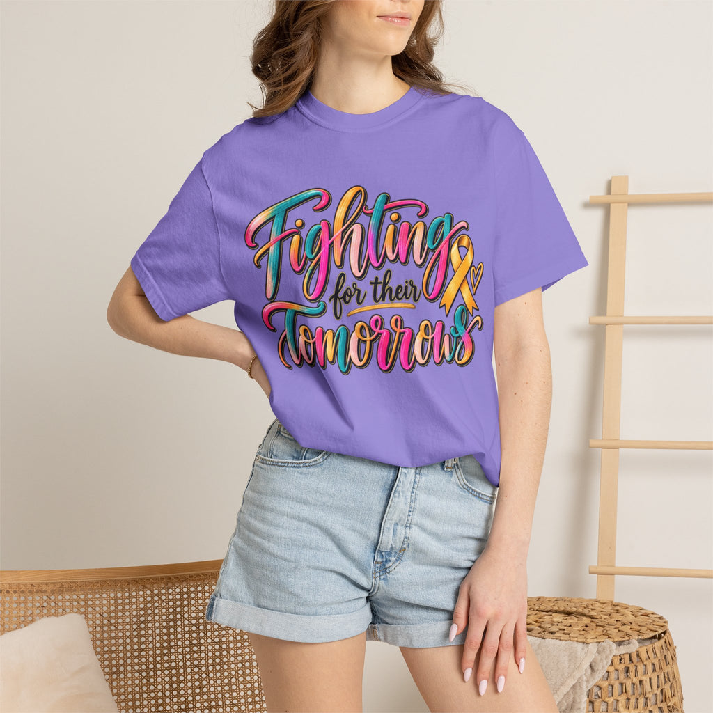 Women Comfort Colors Fighting for Their Tomorrows T-Shirt — Childhood Cancer Awareness Ribbon Tee