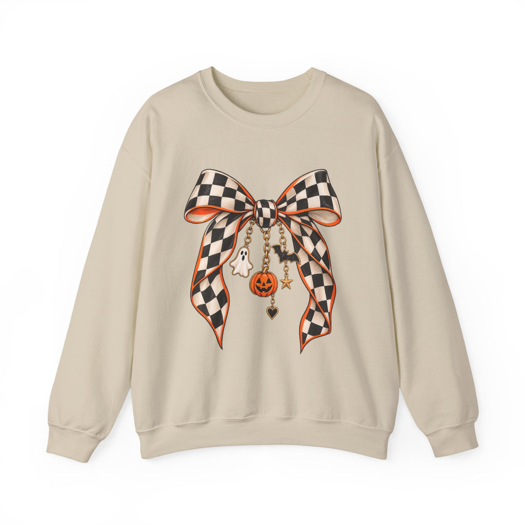 Women Halloween Checkered Bow Sweatshirt — Pumpkin & Ghost Charm Crewneck