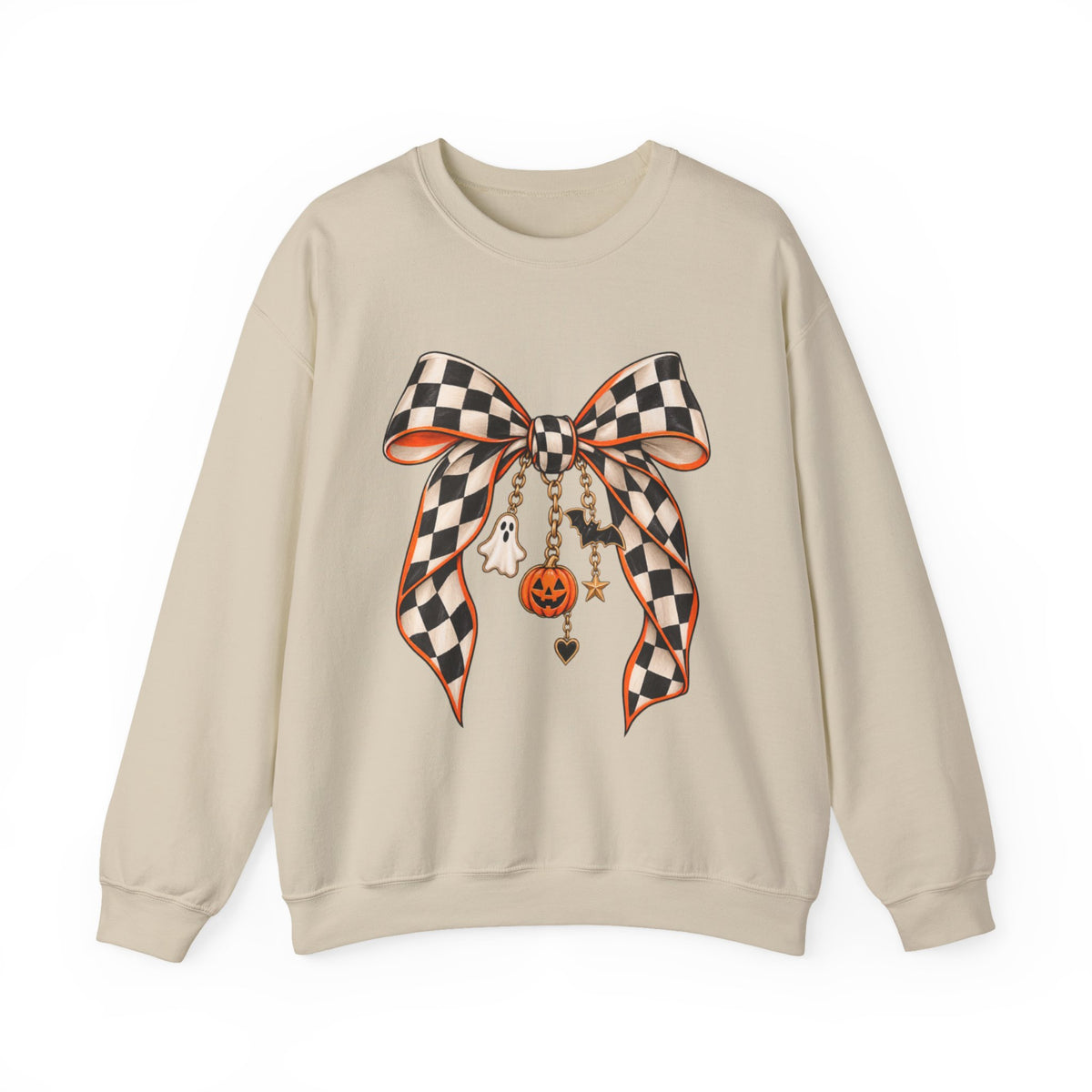 Women Halloween Checkered Bow Sweatshirt — Pumpkin & Ghost Charm Crewneck