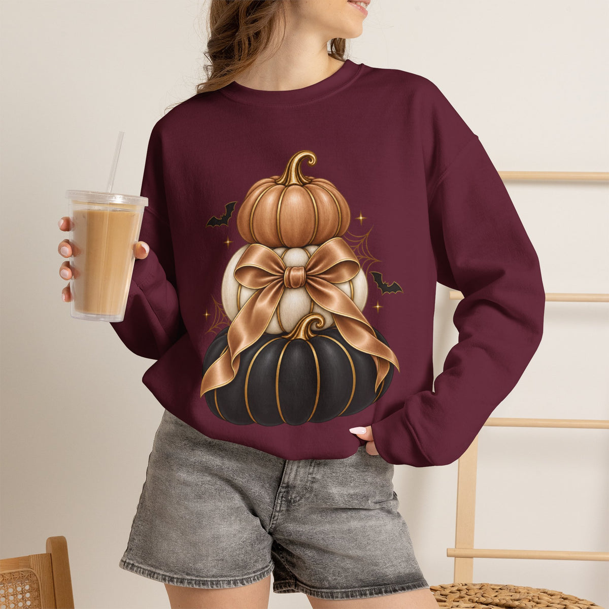 Halloween Stacked Pumpkins Sweatshirt — Black & Gold Pumpkin Bow Crewneck