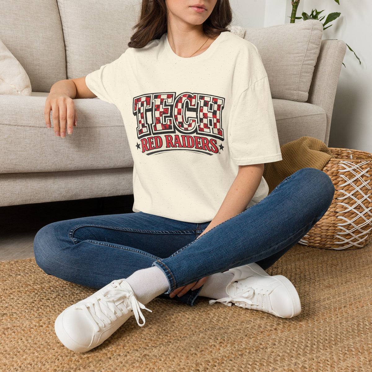 Women Tech Red Raiders Graphic T-Shirt — Checkerboard Team Logo Tee