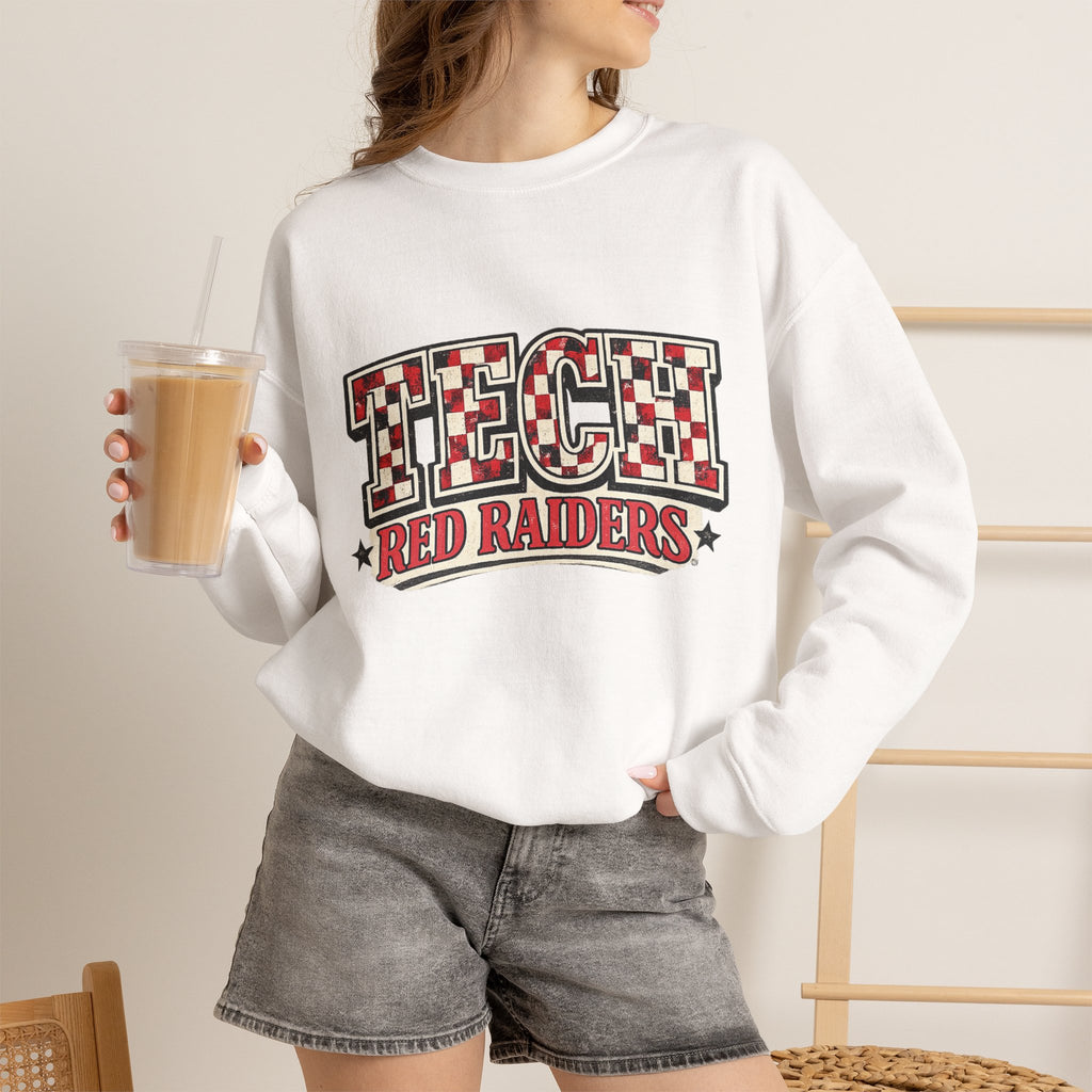 Women Tech Red Raiders Retro Plaid Crewneck