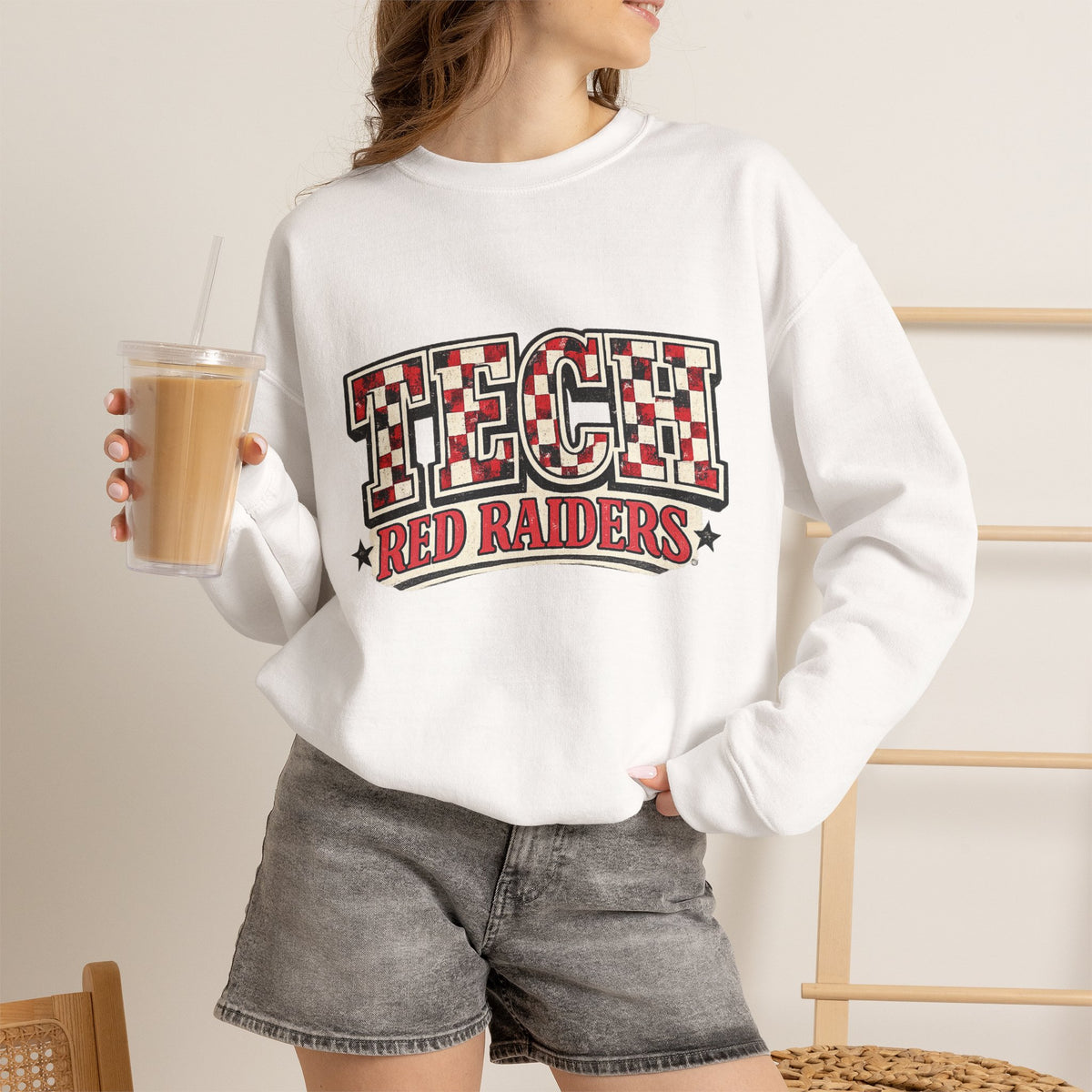 Women Tech Red Raiders Retro Plaid Crewneck