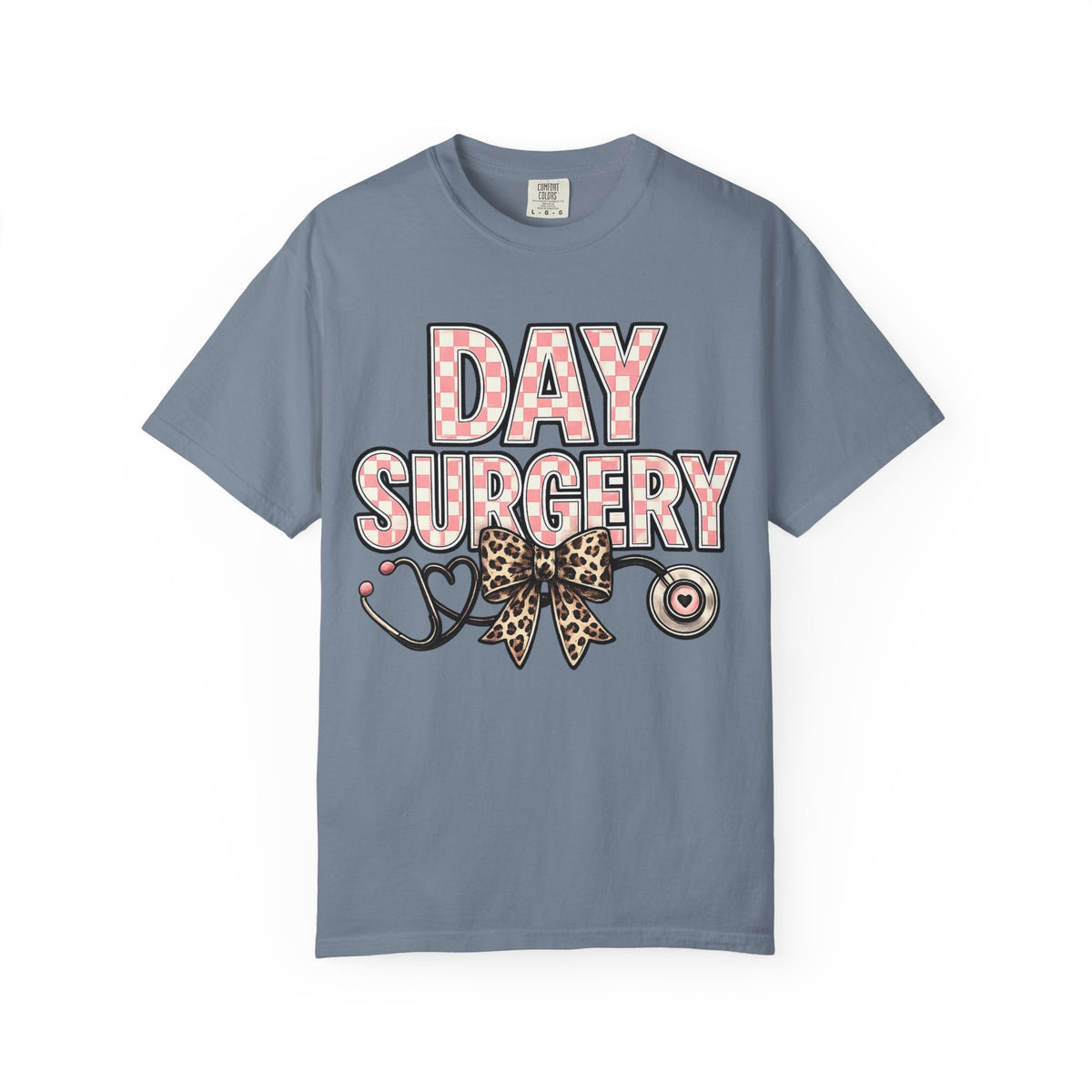 Day Surgery Nurse T‑Shirt — Pink Plaid & Leopard Bow Stethoscope Tee