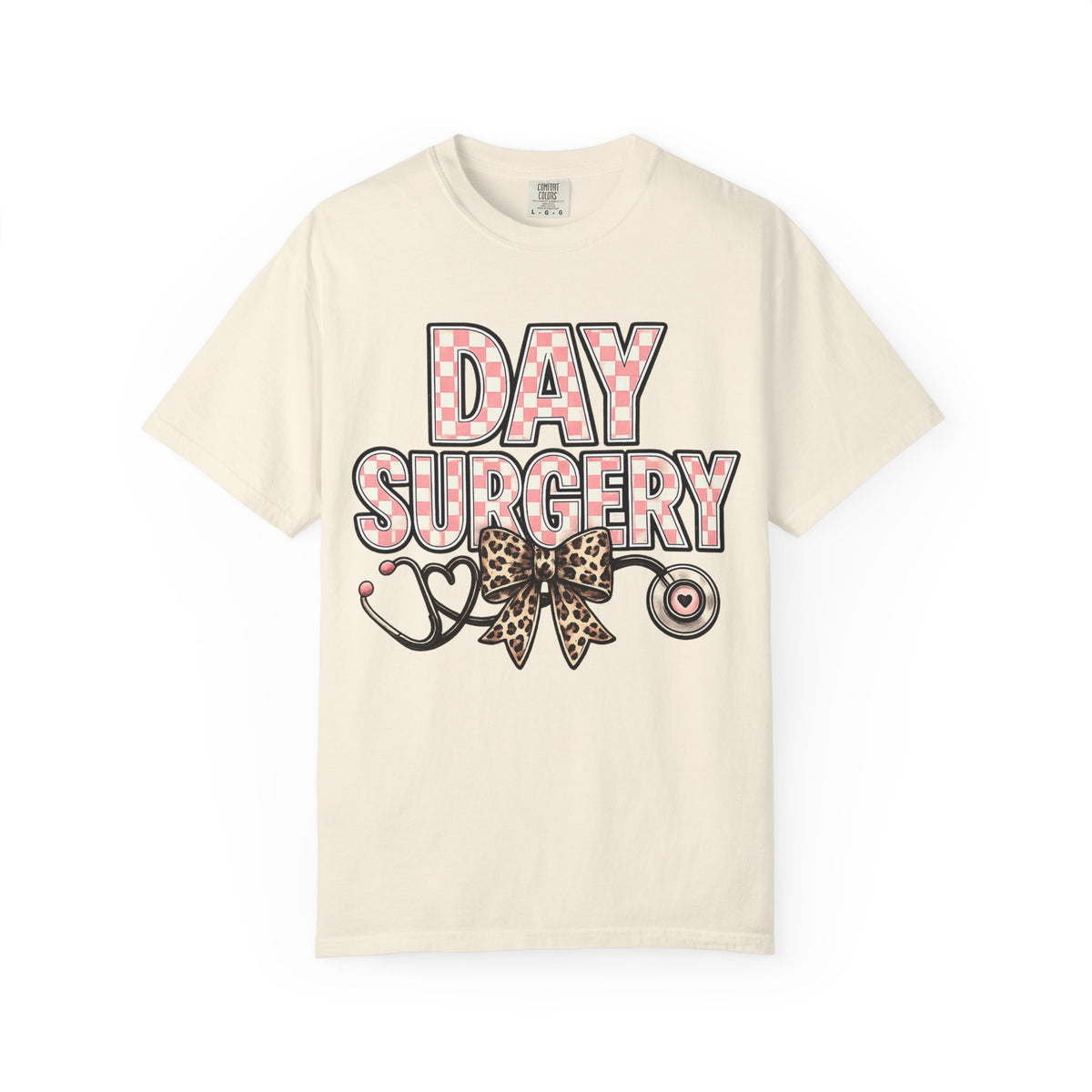 Day Surgery Nurse T‑Shirt — Pink Plaid & Leopard Bow Stethoscope Tee