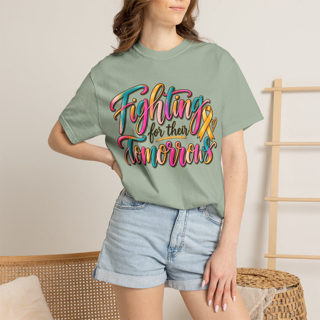 Women Comfort Colors Fighting for Their Tomorrows T-Shirt — Childhood Cancer Awareness Ribbon Tee