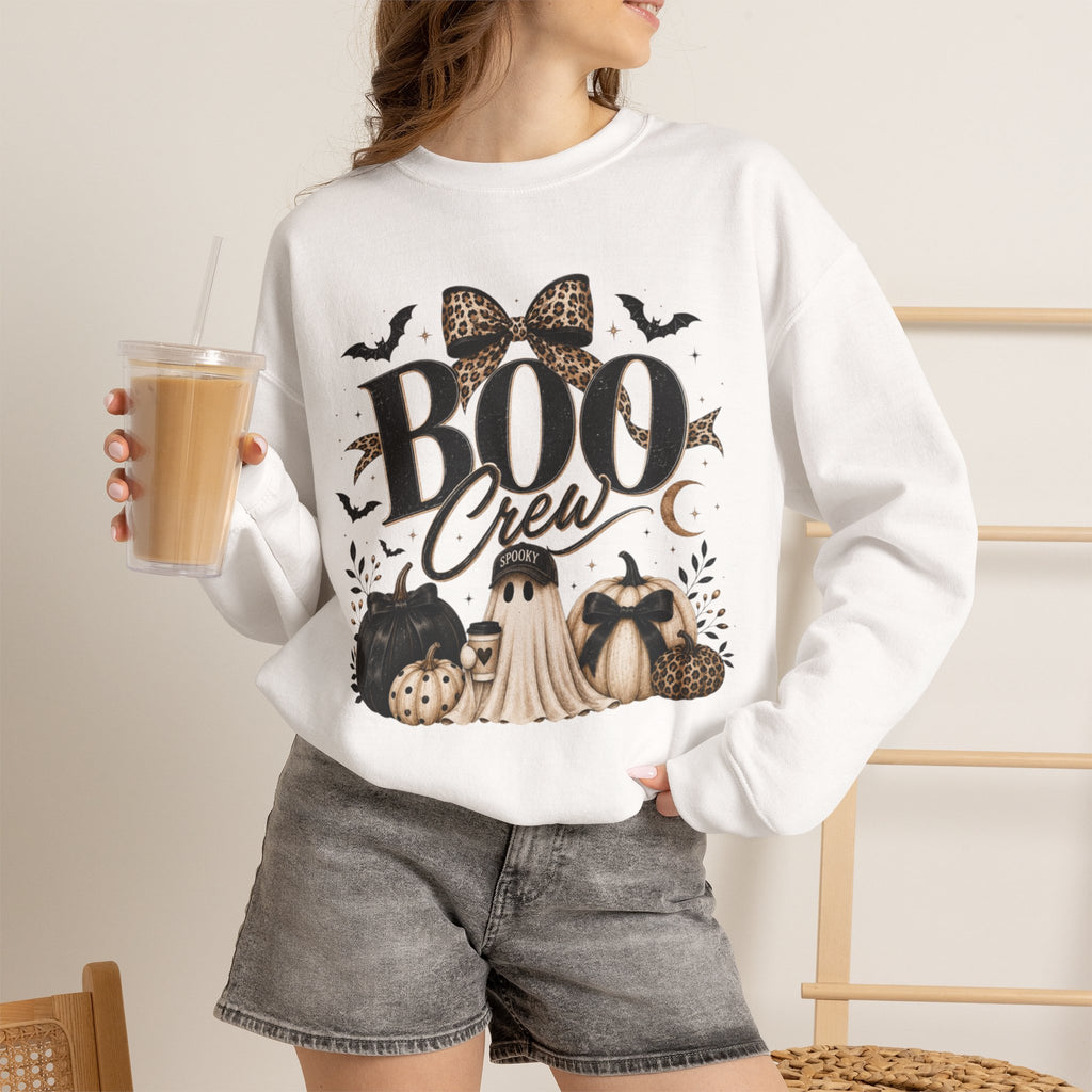 Women Boo Crew Halloween Sweatshirt — Cute Ghosts & Leopard Bow Fall Crewneck