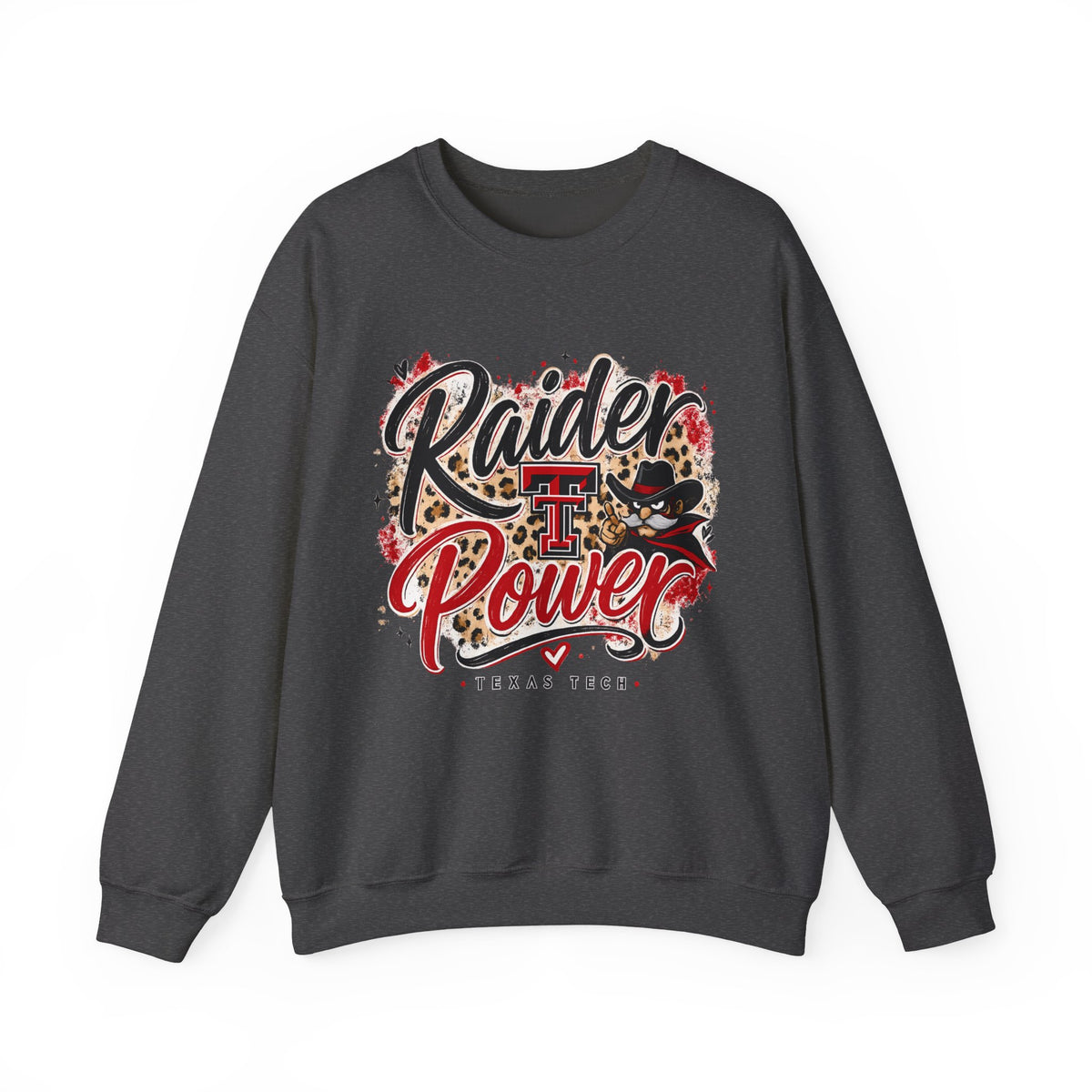Women Raider Power Crewneck Sweatshirt — Texas Tech Leopard Heart Design