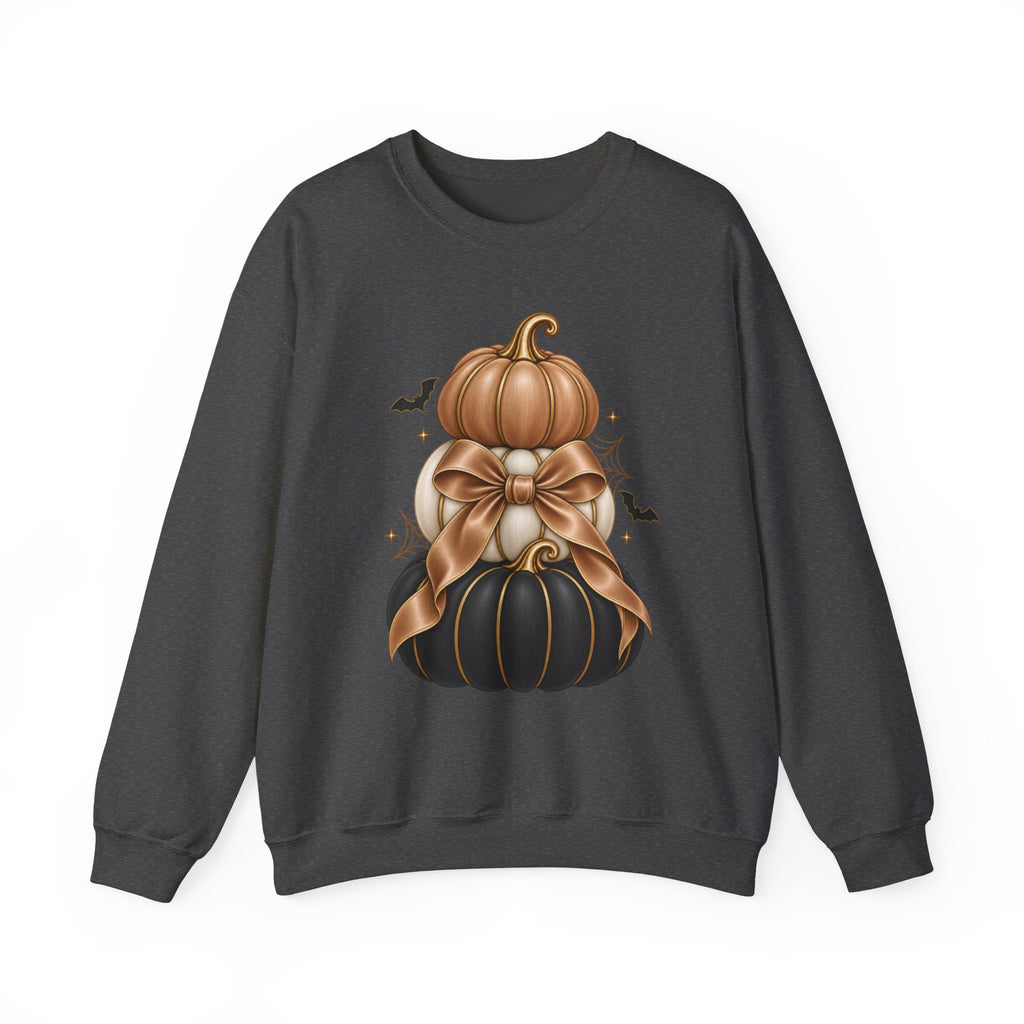 Halloween Stacked Pumpkins Sweatshirt — Black & Gold Pumpkin Bow Crewneck