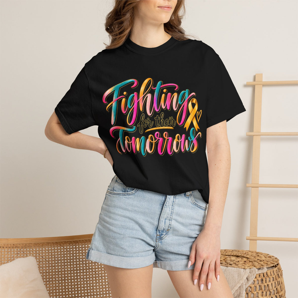 Women Comfort Colors Fighting for Their Tomorrows T-Shirt — Childhood Cancer Awareness Ribbon Tee