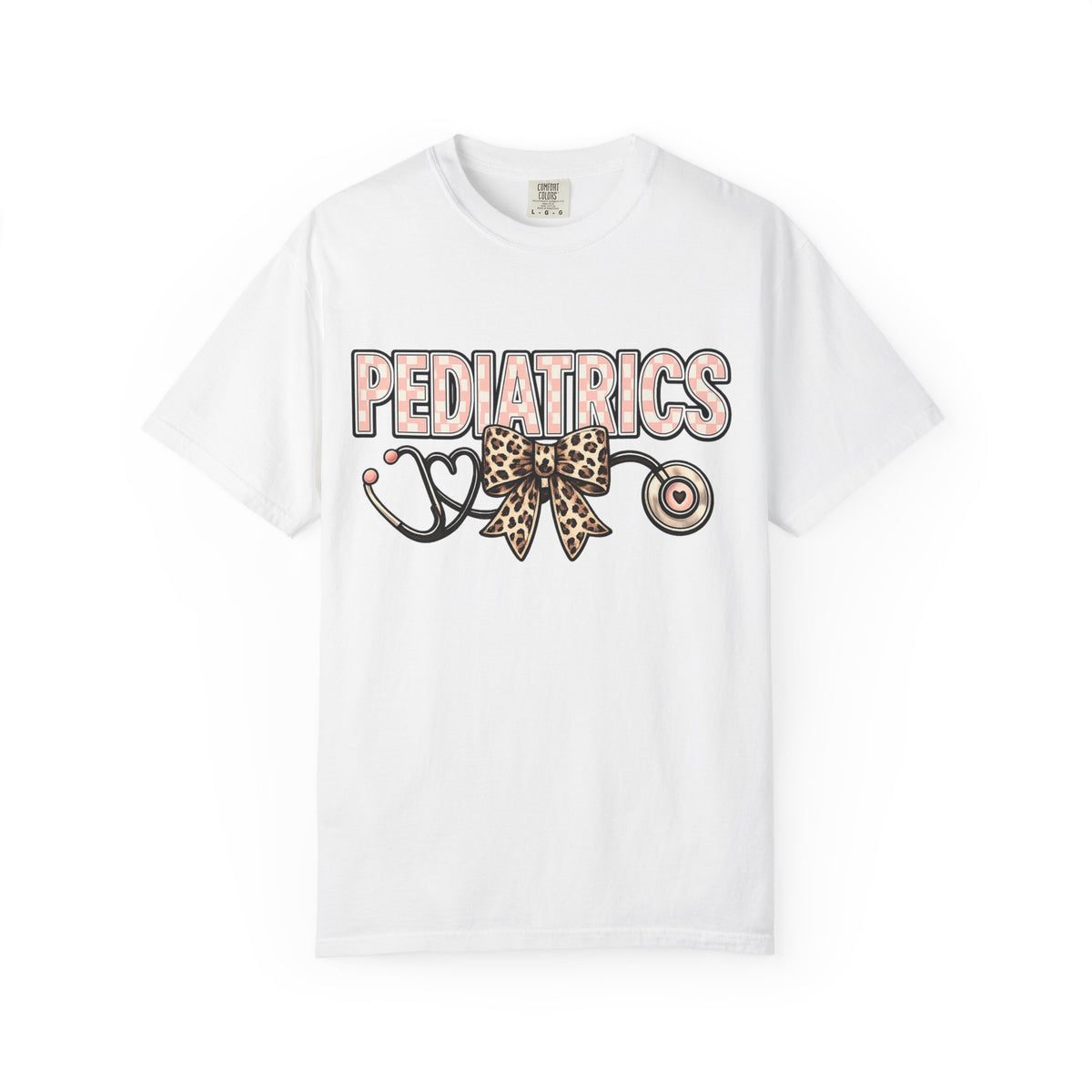 Pediatrics T-Shirt with Leopard Bow & Stethoscope — Cute Medical Tee for Pediatric Nurses/Doctors