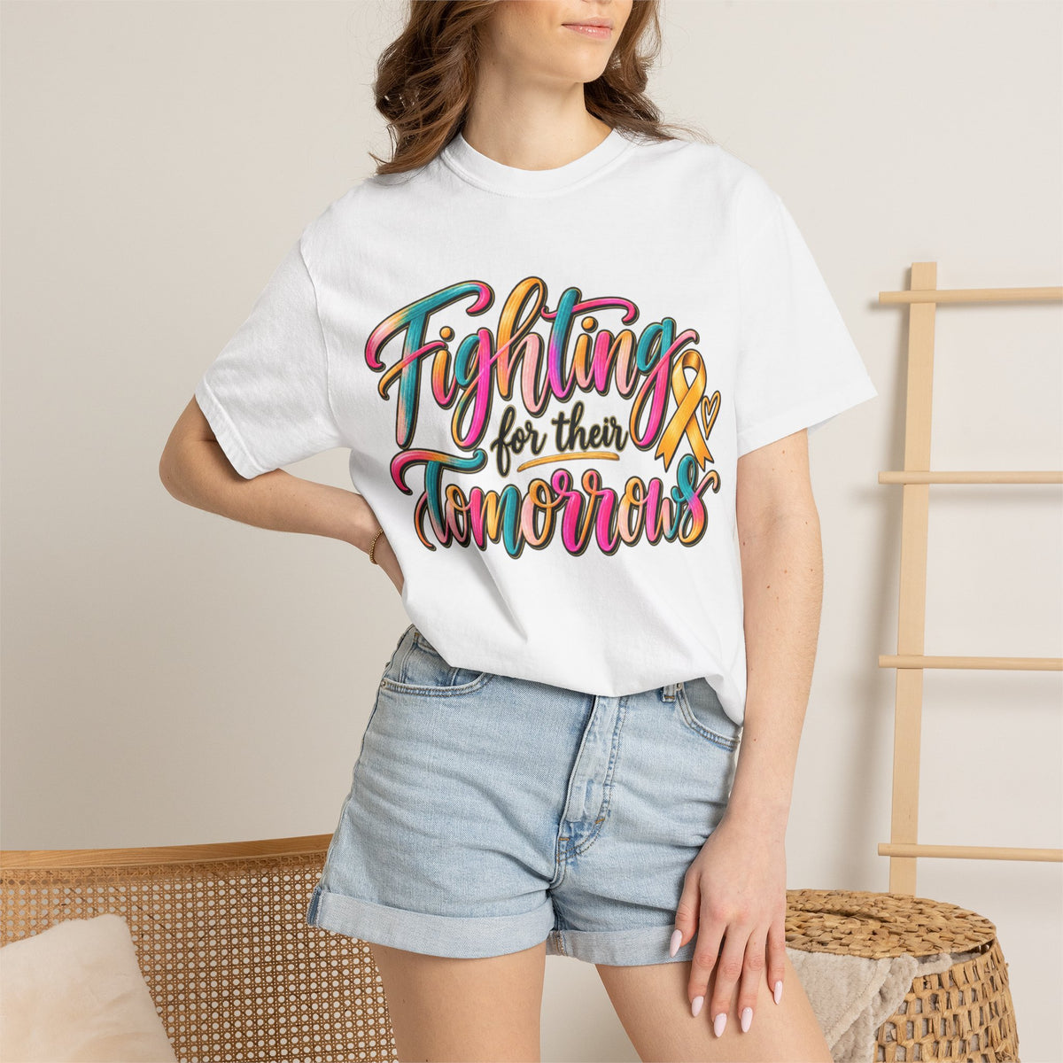 Women Comfort Colors Fighting for Their Tomorrows T-Shirt — Childhood Cancer Awareness Ribbon Tee