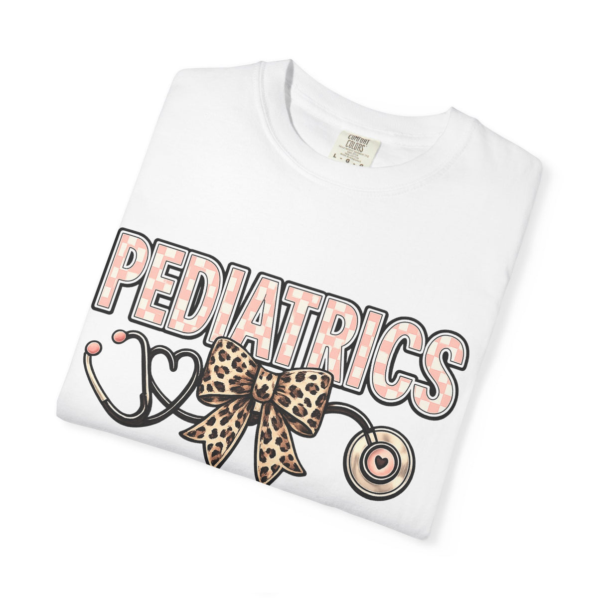 Pediatrics T-Shirt with Leopard Bow & Stethoscope — Cute Medical Tee for Pediatric Nurses/Doctors