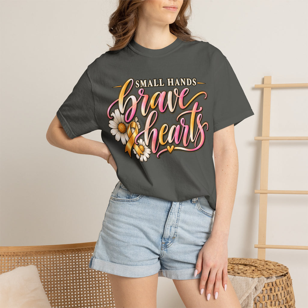 Women Comfort Colors Brave Hearts T-Shirt — "Small Hands, Brave Hearts" Floral Awareness Tee