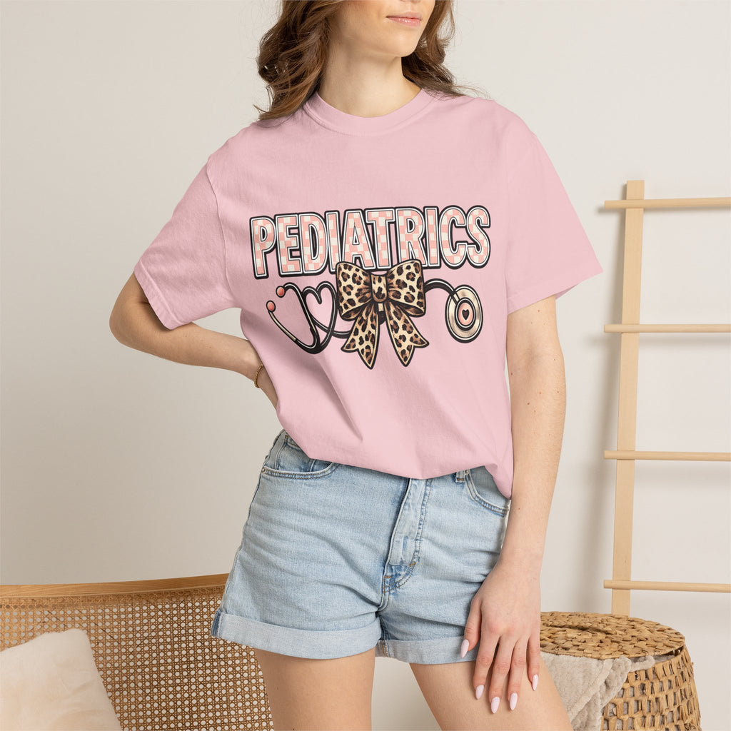 Pediatrics T-Shirt with Leopard Bow & Stethoscope — Cute Medical Tee for Pediatric Nurses/Doctors