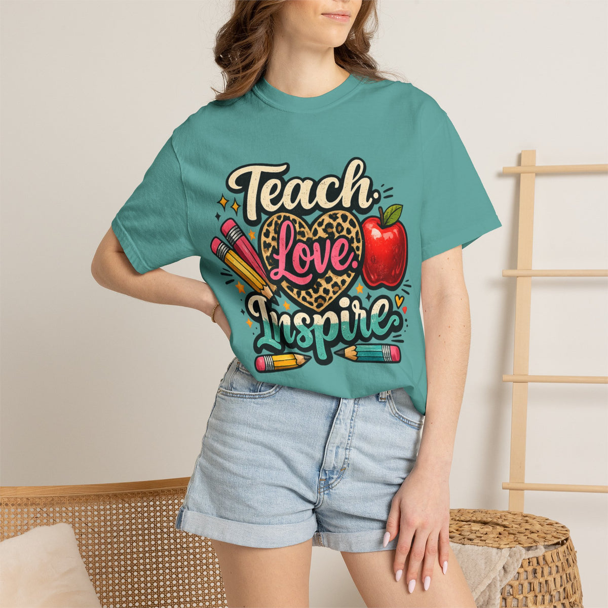 Teacher “Teach Love Inspire” T‑Shirt — Apple & Pencils Teacher Appreciation Tee