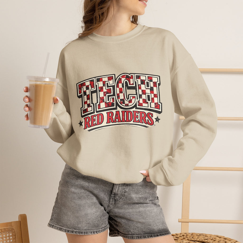 Women Tech Red Raiders Retro Plaid Crewneck