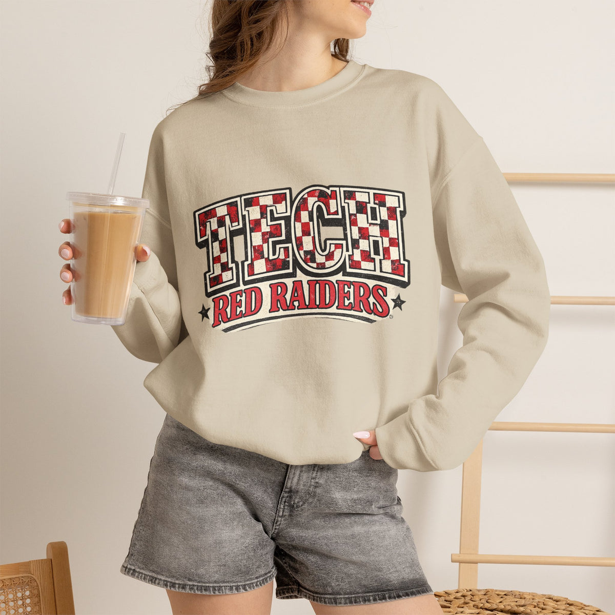Women Tech Red Raiders Retro Plaid Crewneck