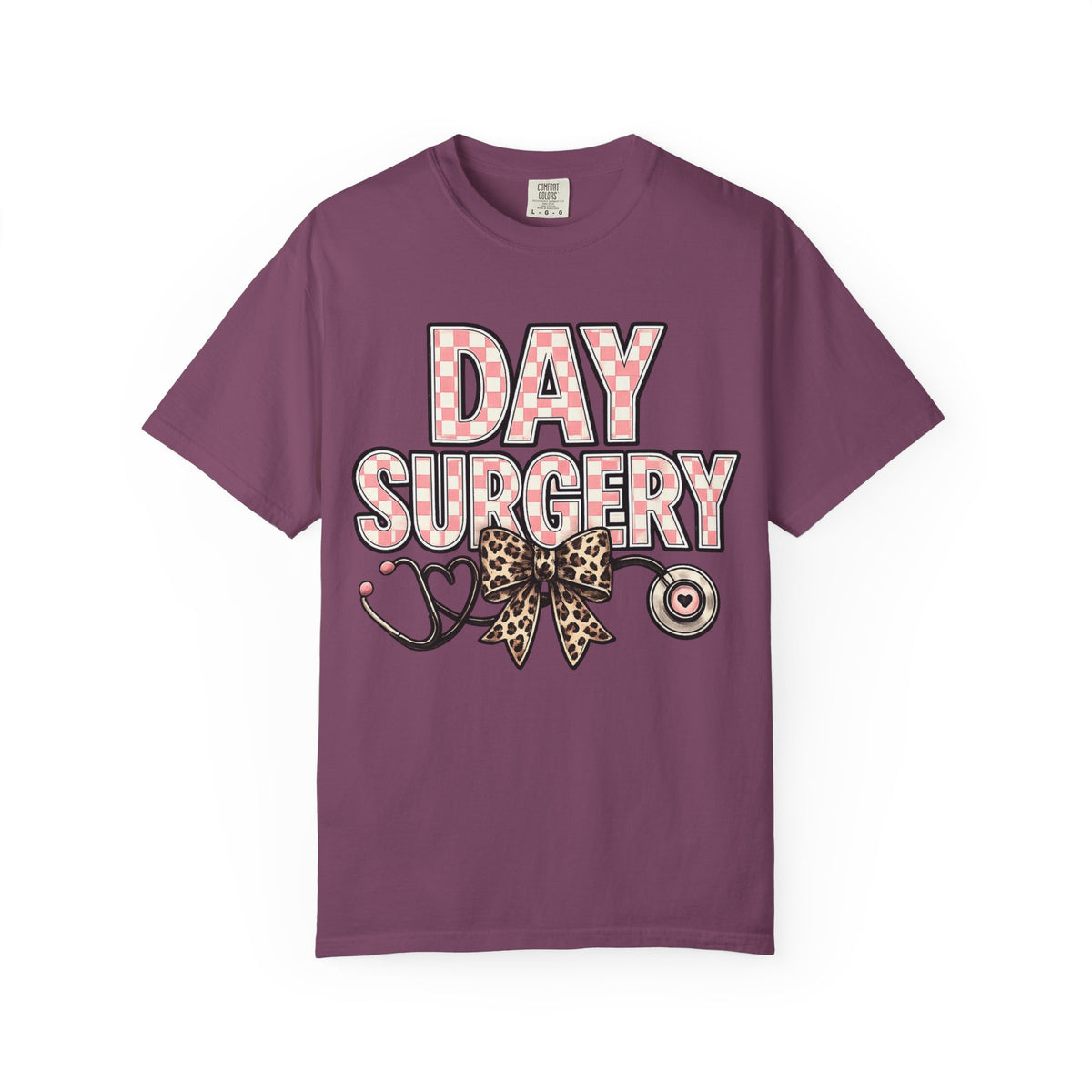 Day Surgery Nurse T‑Shirt — Pink Plaid & Leopard Bow Stethoscope Tee