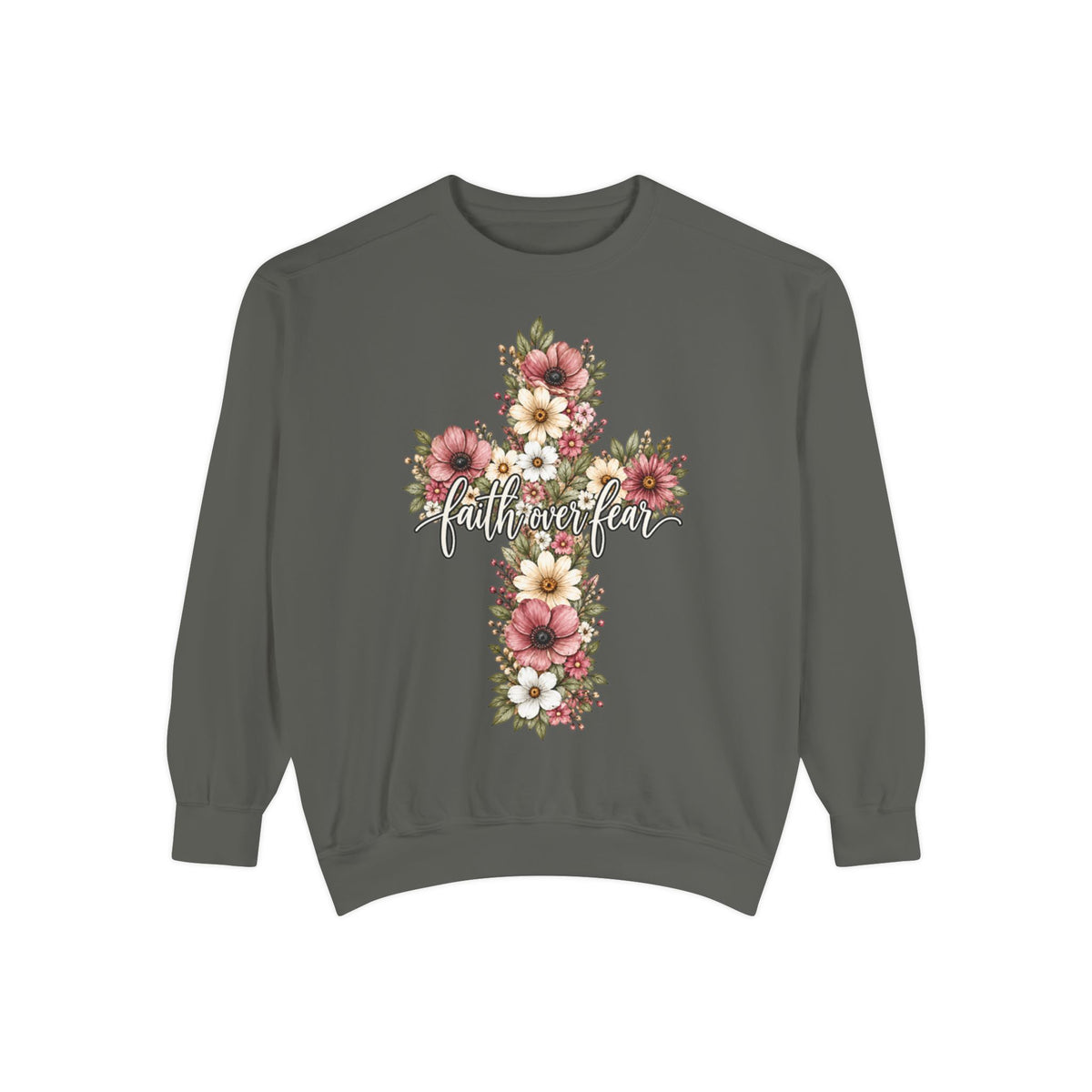 Women Comfort Colors Faith Over Fear Floral Cross Sweatshirt
