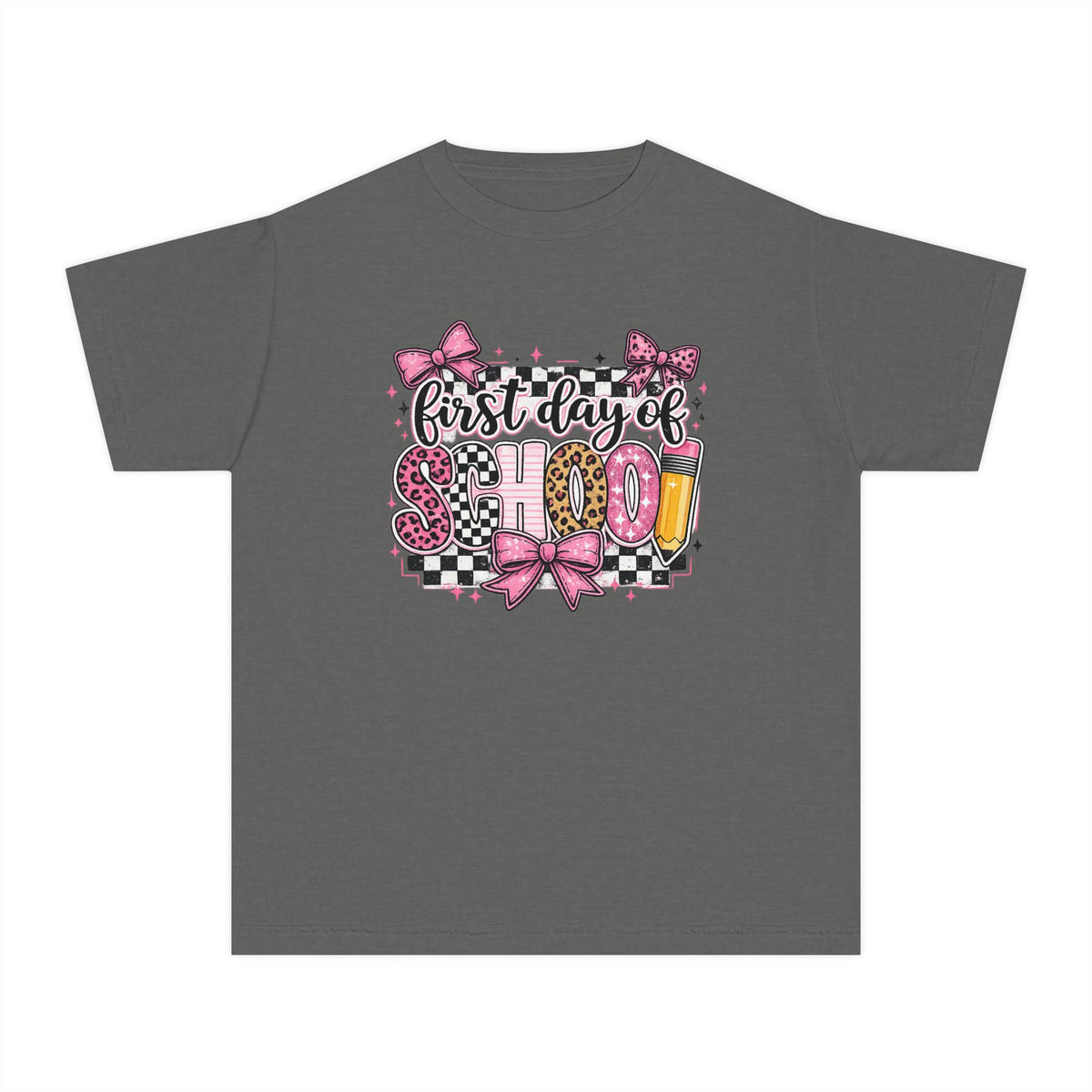 First Day of School Youth Tee — Pink Bow Checkerboard Back-to-School Shirt