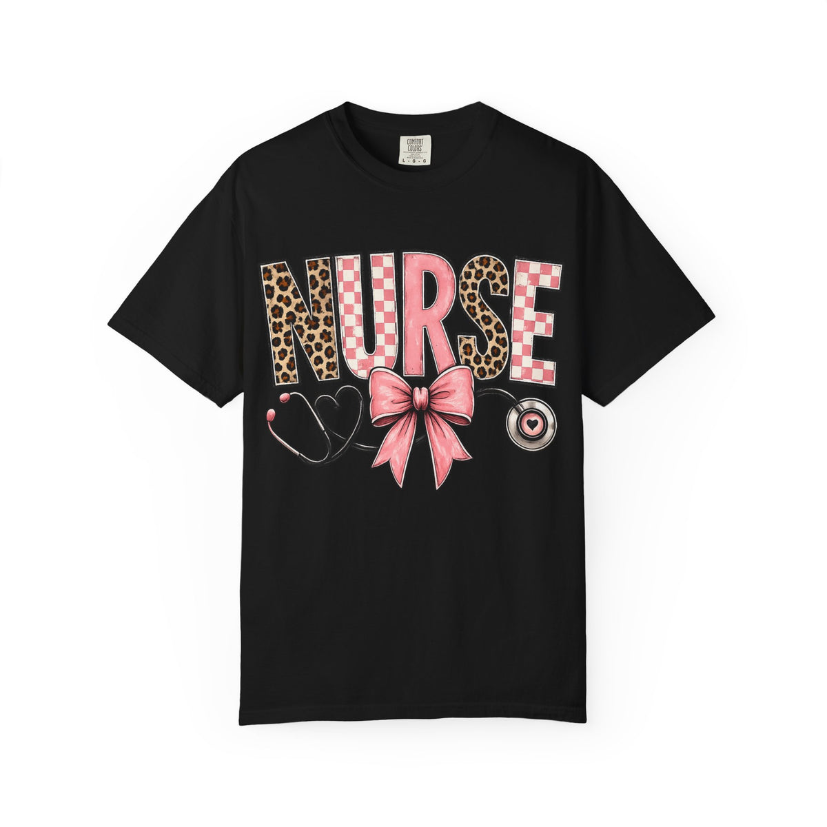Nurse Pink Leopard Bow T-Shirt — Stethoscope Heart Graphic for Nurses