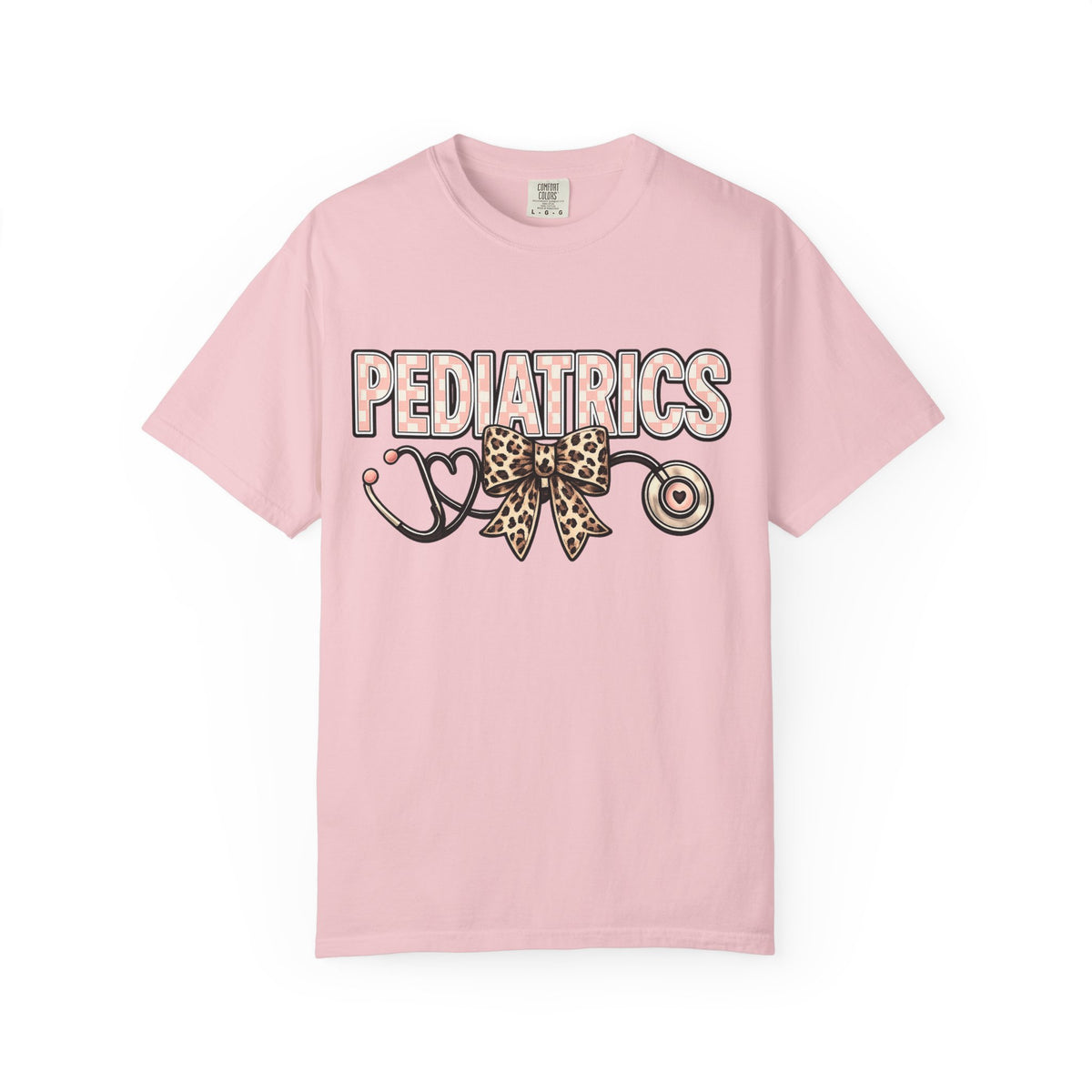 Pediatrics T-Shirt with Leopard Bow & Stethoscope — Cute Medical Tee for Pediatric Nurses/Doctors