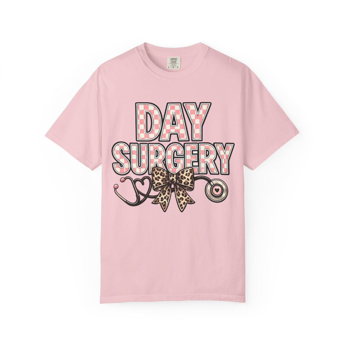 Day Surgery Nurse T‑Shirt — Pink Plaid & Leopard Bow Stethoscope Tee