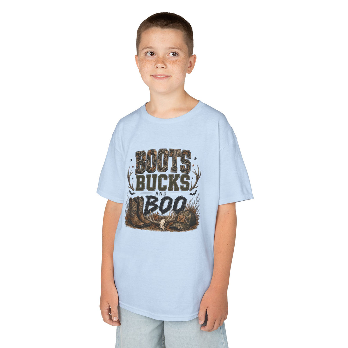 Youth 'Boots Bucks and Boo' Graphic Tee — Cute Hunting & Halloween Kid Shirt