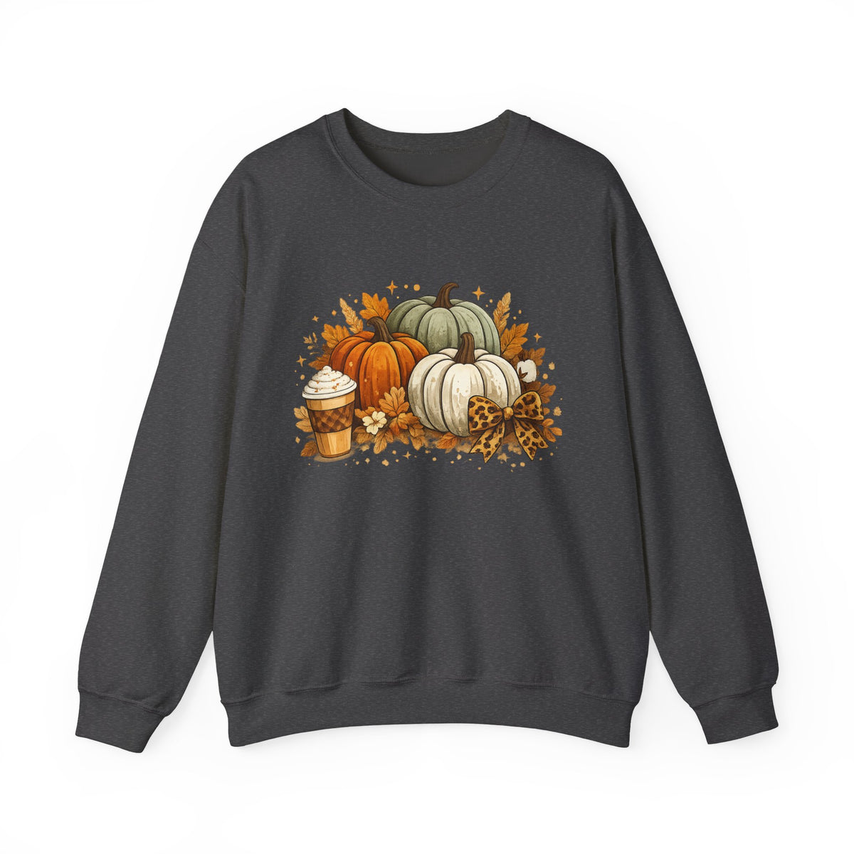 Fall Pumpkin Crewneck Sweatshirt — Autumn Leaves & Latte Seasonal Pullover