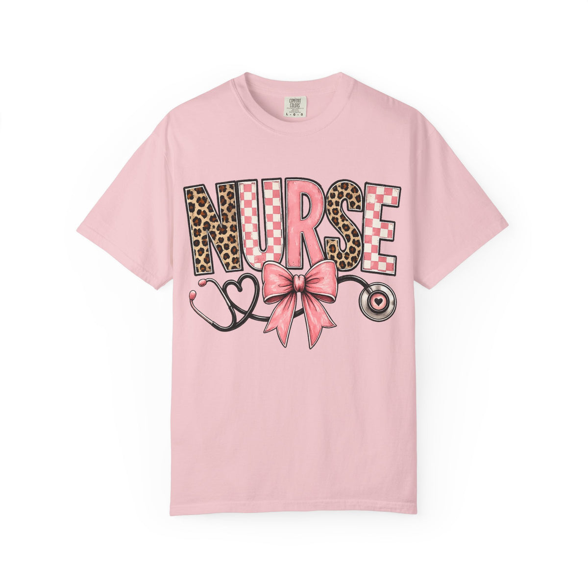 Nurse Pink Leopard Bow T-Shirt — Stethoscope Heart Graphic for Nurses