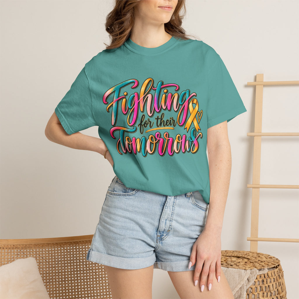 Women Comfort Colors Fighting for Their Tomorrows T-Shirt — Childhood Cancer Awareness Ribbon Tee