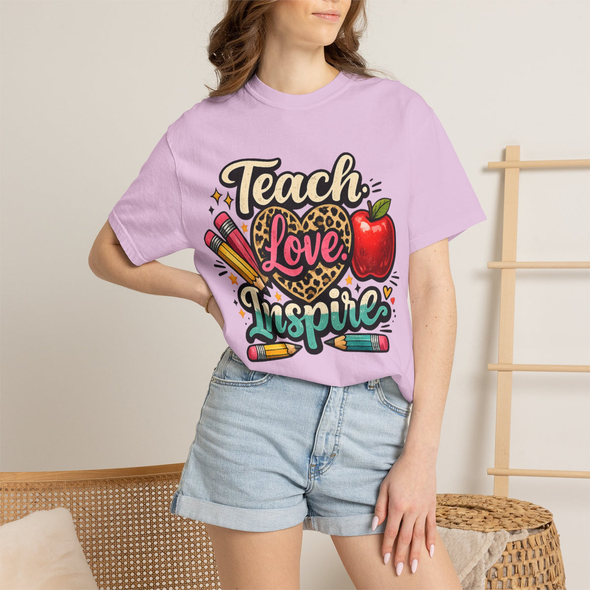 Teacher “Teach Love Inspire” T‑Shirt — Apple & Pencils Teacher Appreciation Tee