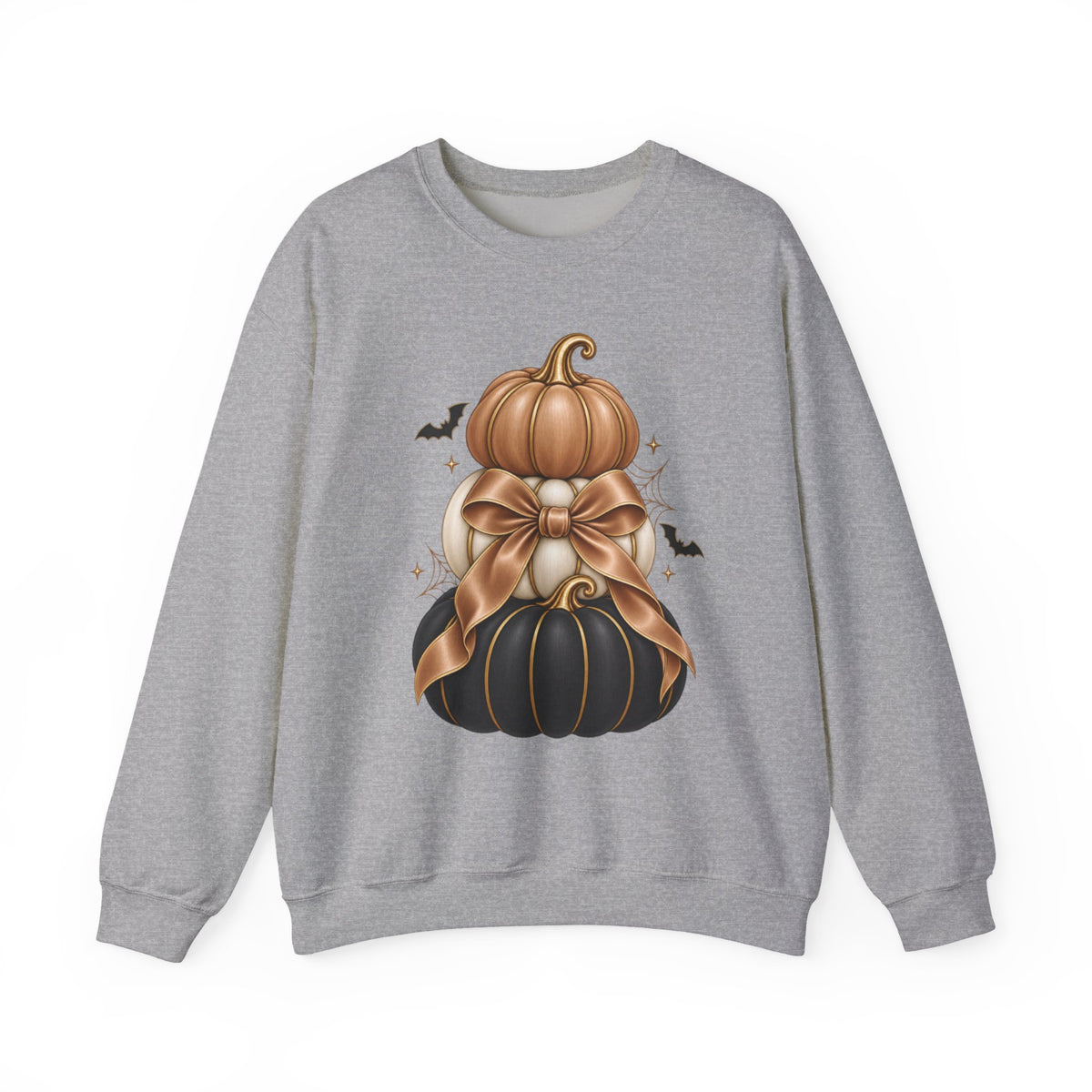 Halloween Stacked Pumpkins Sweatshirt — Black & Gold Pumpkin Bow Crewneck