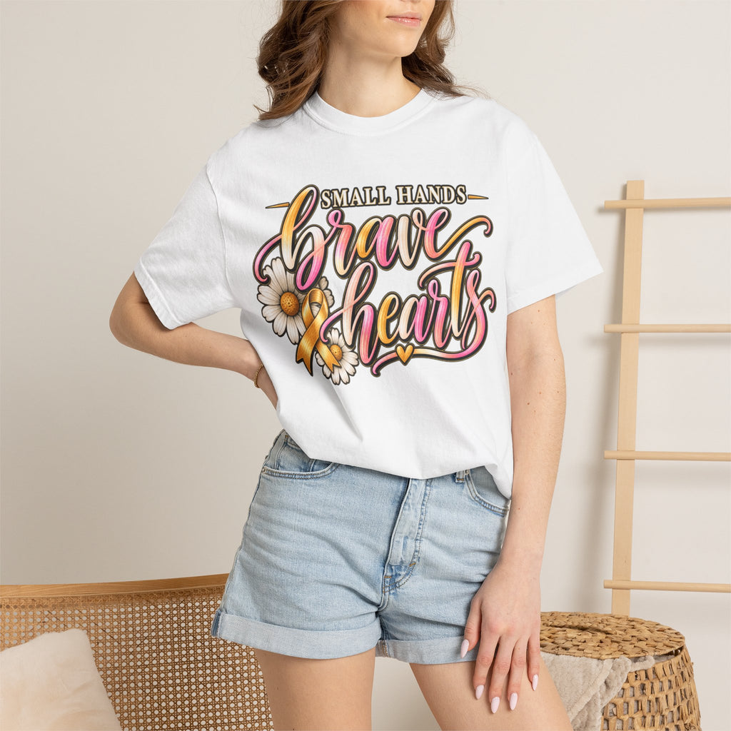 Women Comfort Colors Brave Hearts T-Shirt — "Small Hands, Brave Hearts" Floral Awareness Tee