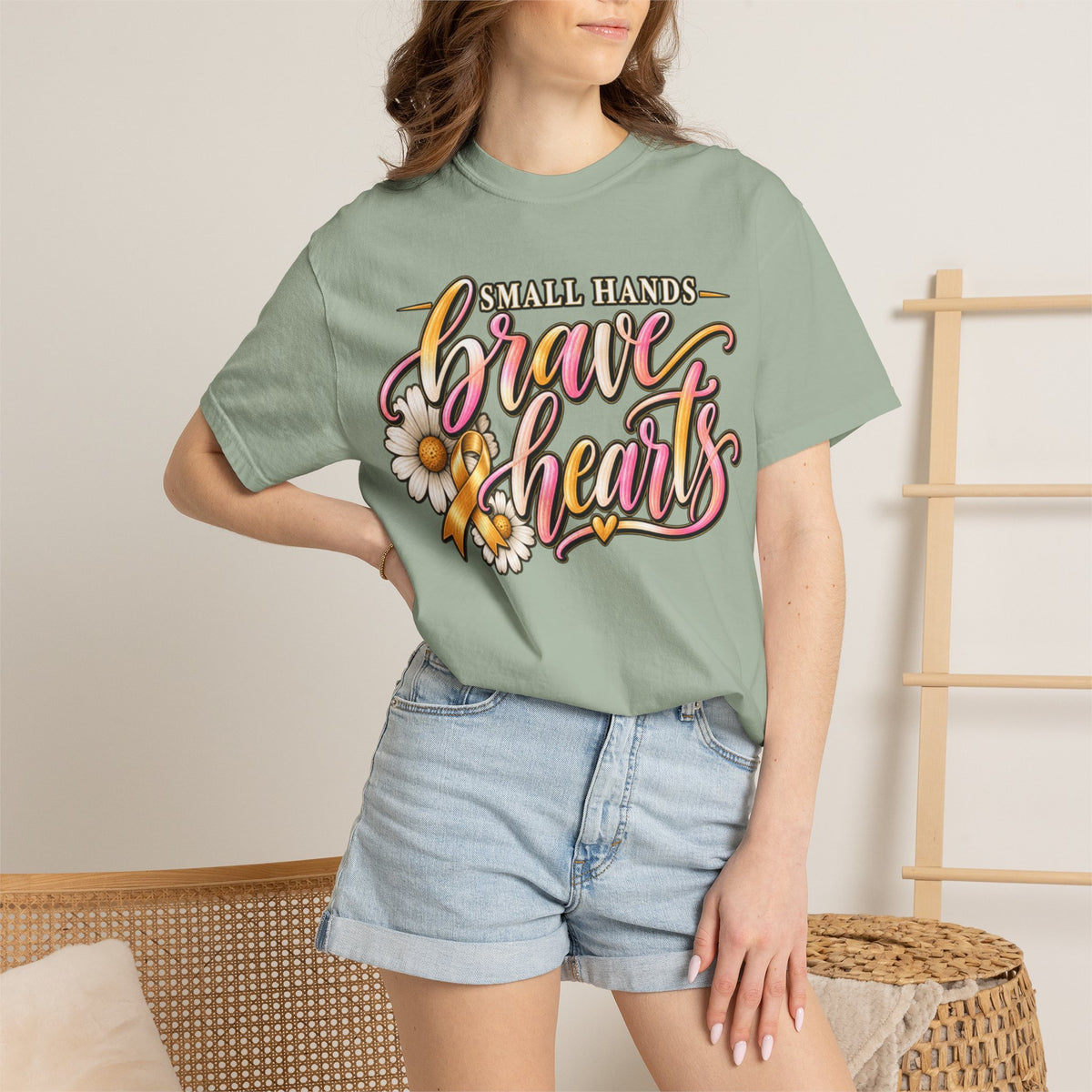 Women Comfort Colors Brave Hearts T-Shirt — "Small Hands, Brave Hearts" Floral Awareness Tee