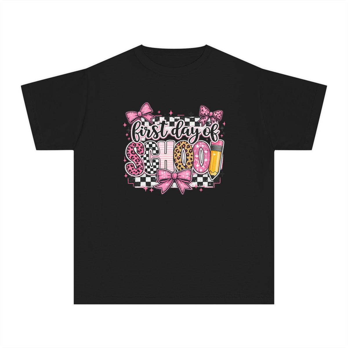 First Day of School Youth Tee — Pink Bow Checkerboard Back-to-School Shirt