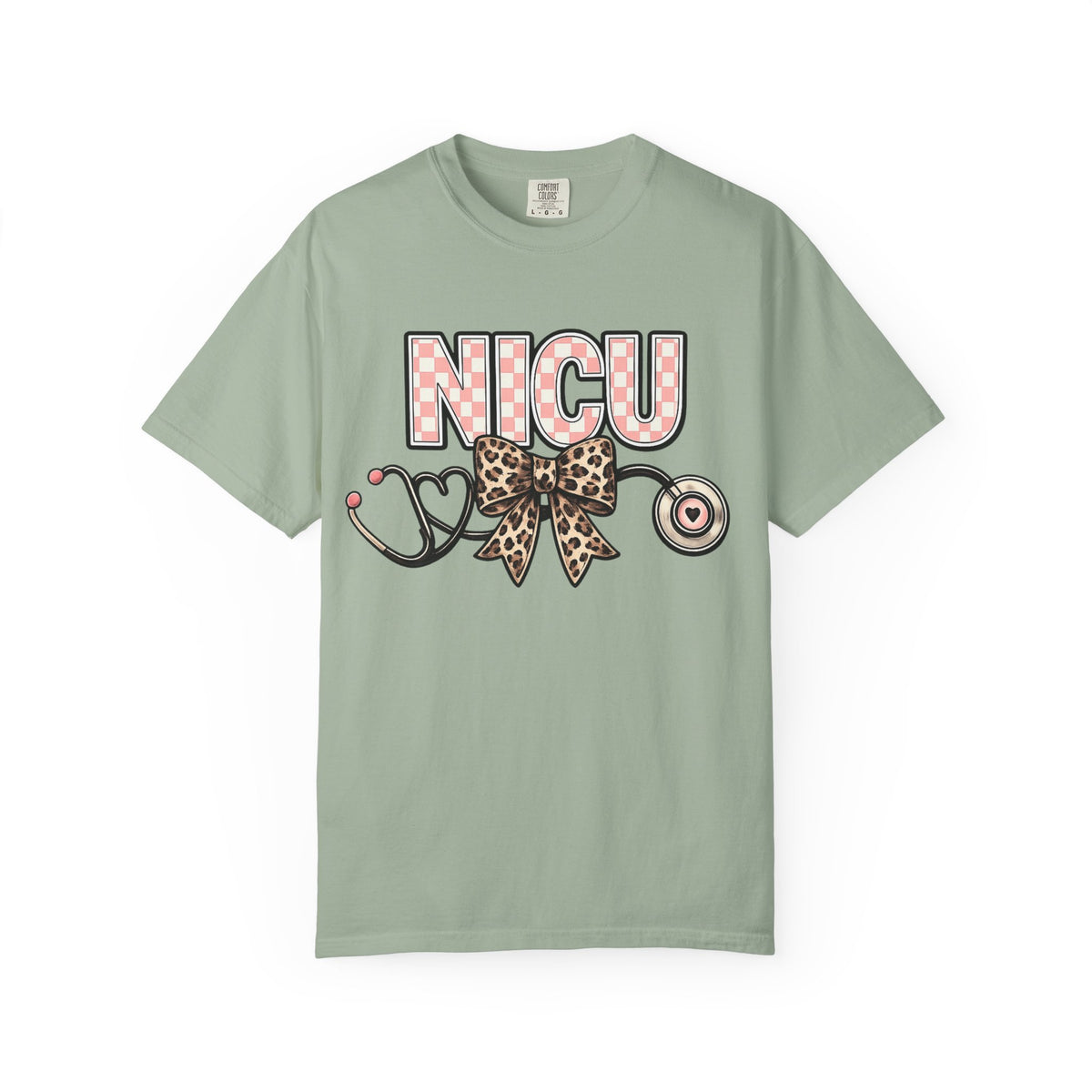 NICU Stethoscope Tee — Leopard Bow Neon Polka Dot Design