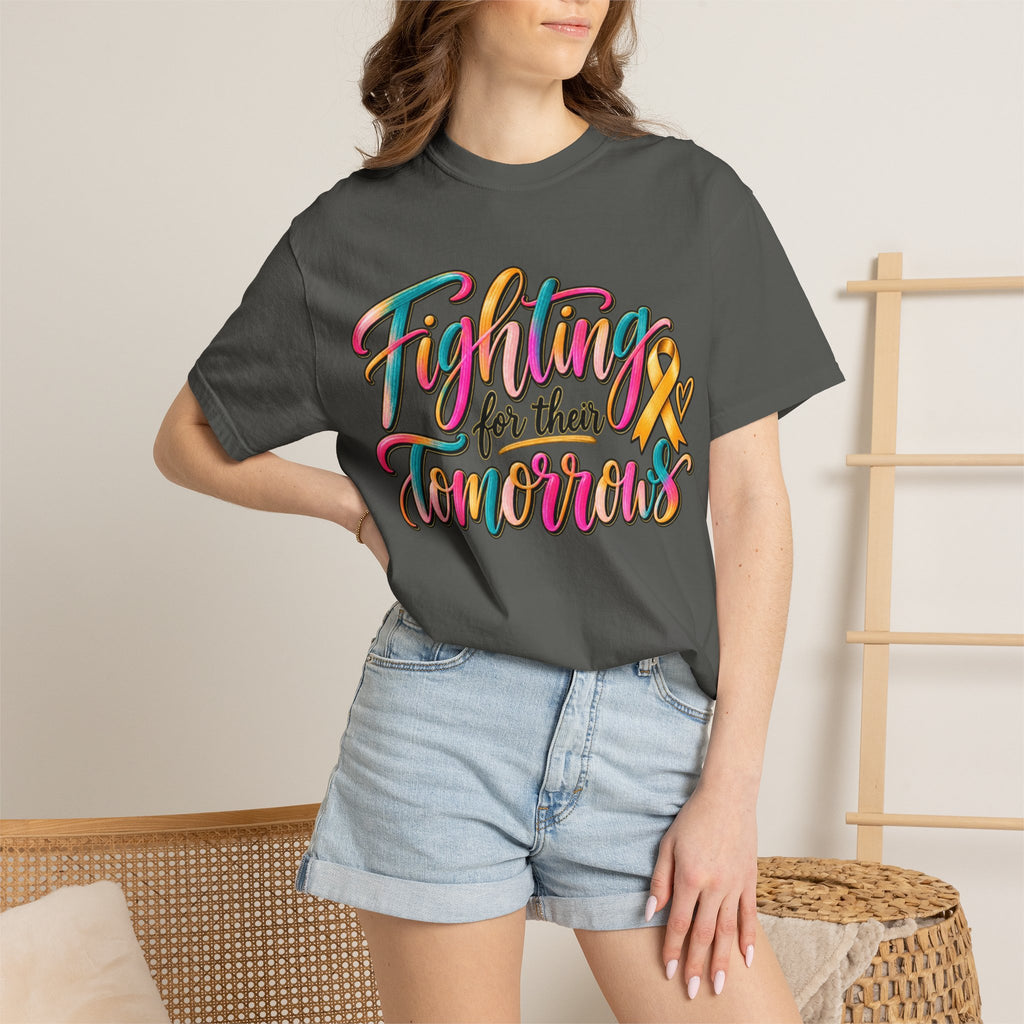 Women Comfort Colors Fighting for Their Tomorrows T-Shirt — Childhood Cancer Awareness Ribbon Tee